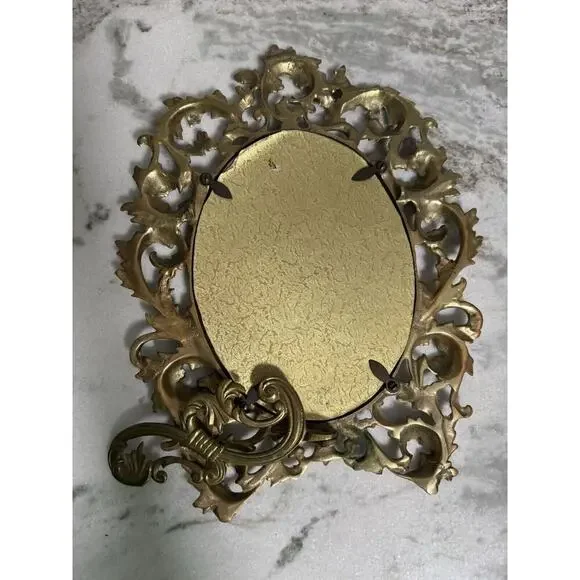 Antique Victorian Heavy Brass Art Nouveau Oval Self Standing Glass Mirror